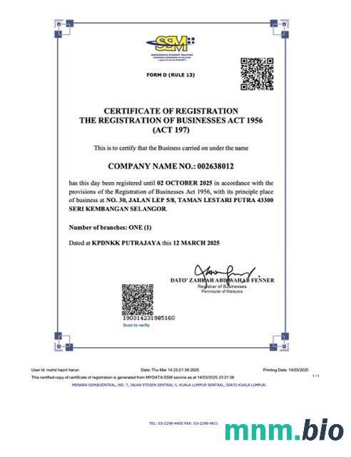 Malaysia vcertyfikat of registration Word i szablon PDF